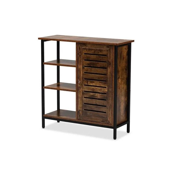 Wayland Rustic Brown Finished Wood and Black Metal 1-Door Shoe Storage Cabinet